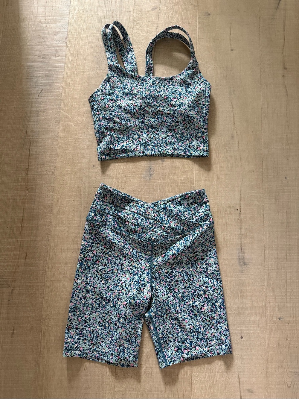 Sage Floral-Print V-Waist Bike Shorts Set - Blue, Pink, White